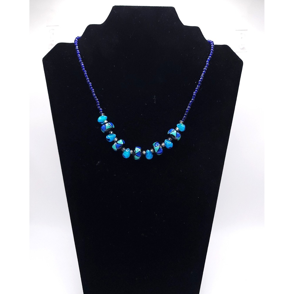 Artisan Lampwork Glass Bead Necklace Cobalt Blue Turquoise Teal 18in
